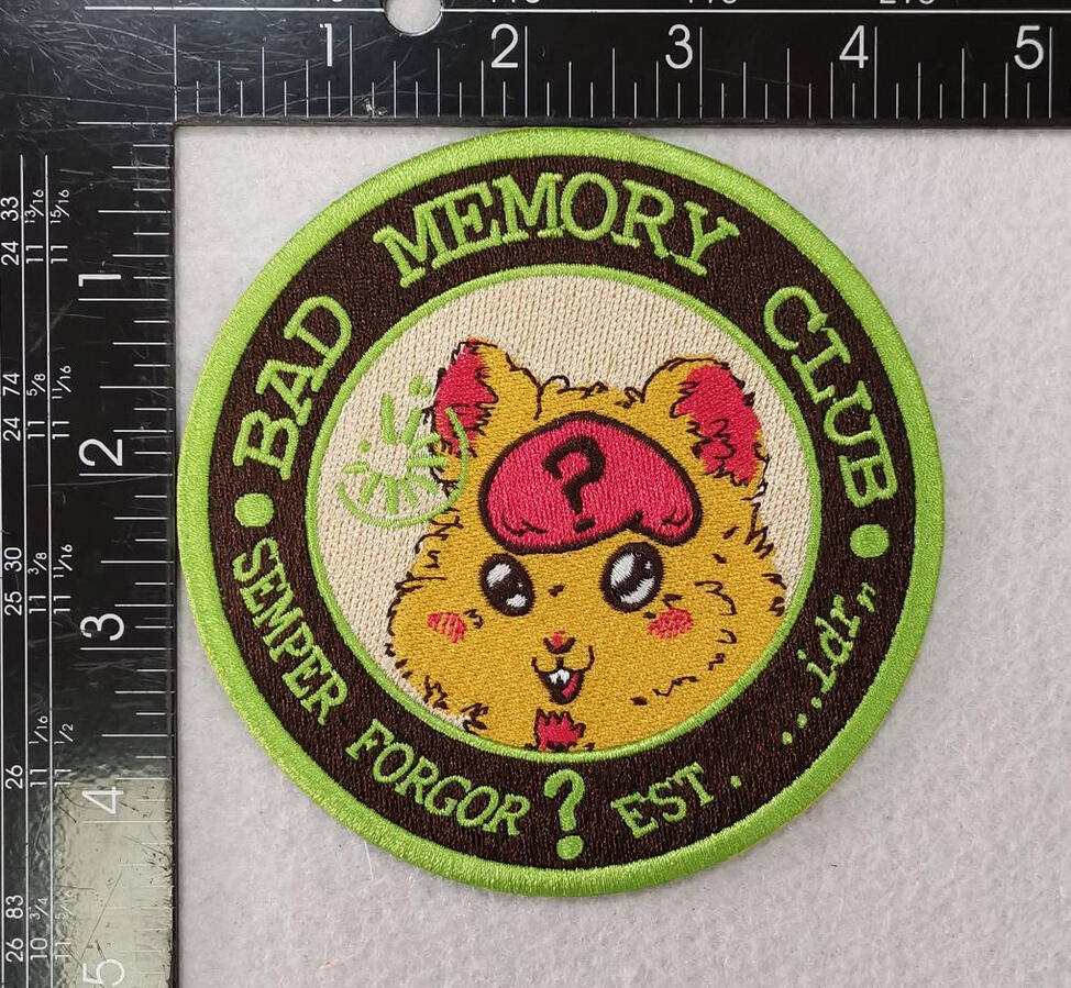 "Bad Memory Club" 4.5 inch Patch, iron-on backing (HAHA! I FINALLY GOT THE FILE I MADE STICHED!)