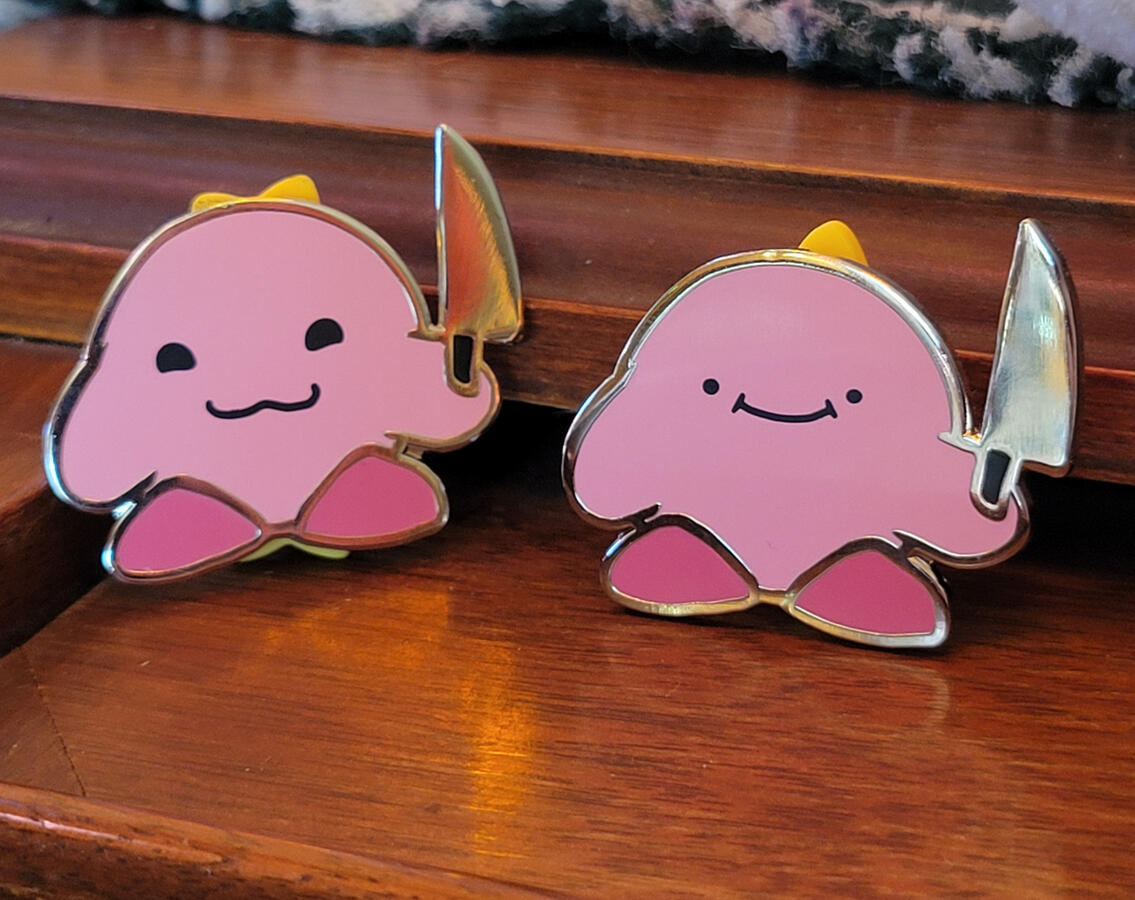 Knife 'Korbo' Enamel Pins - screenprint detailing, available in both ":3" and ":)"