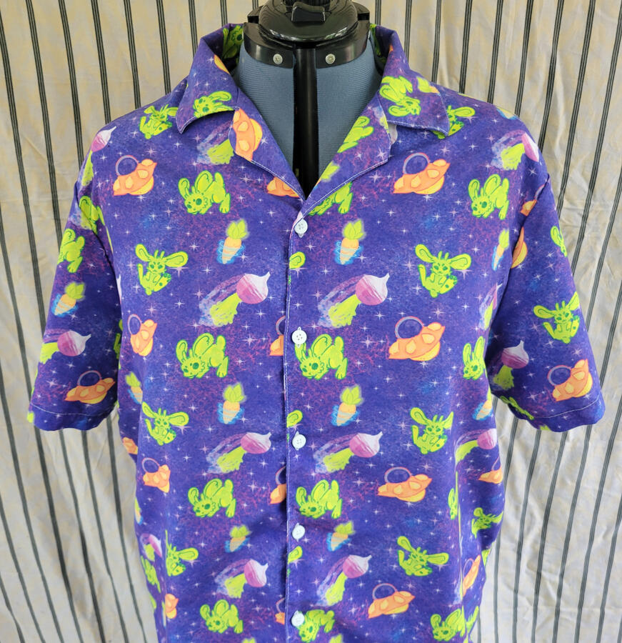 "Alien Bunny" button-down shirts; available in 2XS thru 6XL