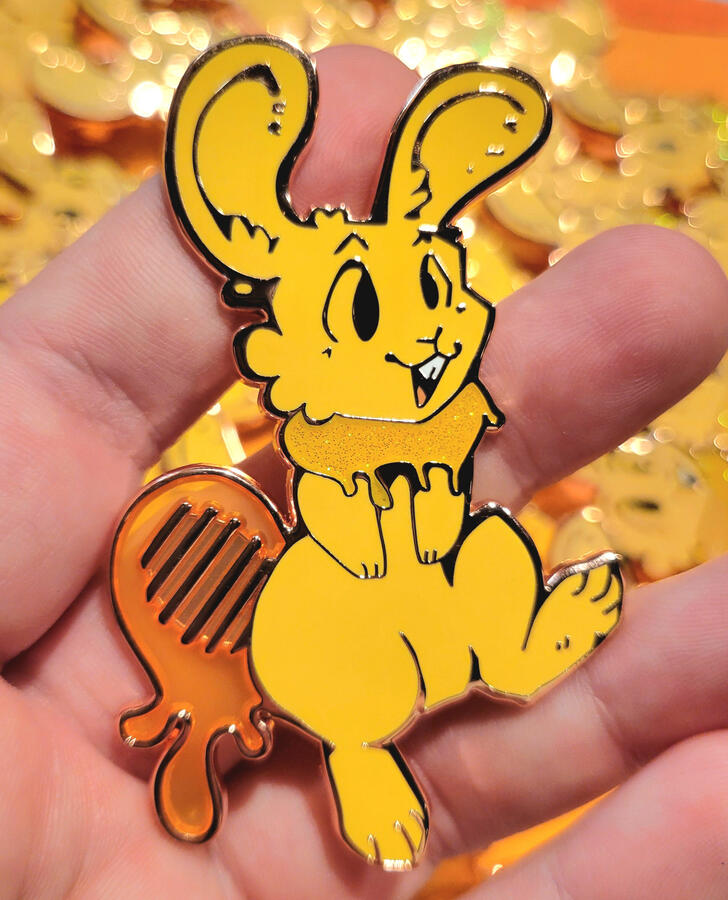 HONEY BUNNY ENAMEL PINS; ft. glitter, stained glass, and flooded recessions