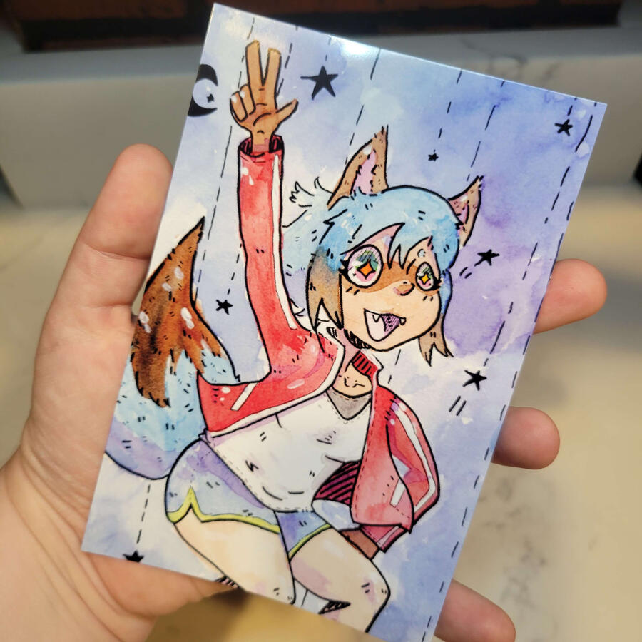 Michiru print reproduction; Watercolor, india ink pen, and acrylic paint on watercolor paper; printed in-house on a modified canon PRO-200