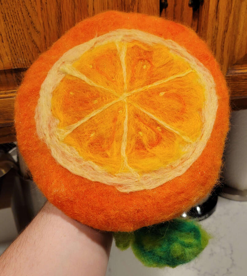 Tangeret (Tangerine Beret); hand needlefelted using merino, corriedale, and bamboo fibres
