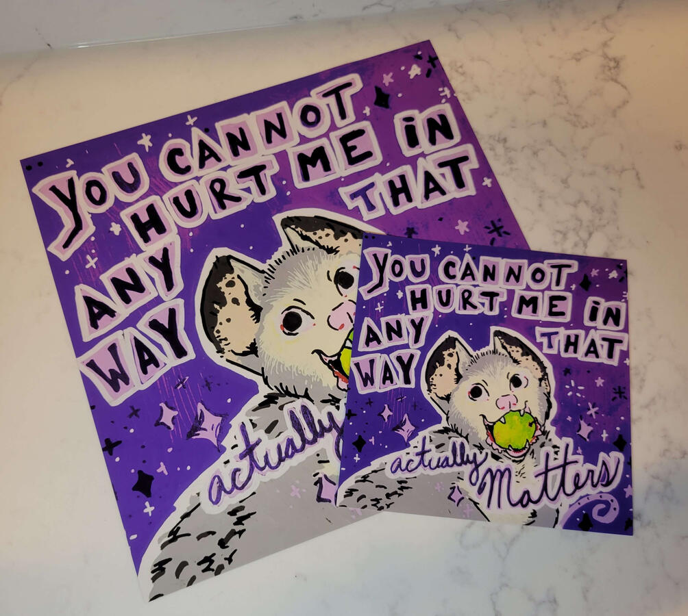 opossum print reproduction; acrylic paint pen on watercolor paper; printed in-house on a modified canon PRO-200