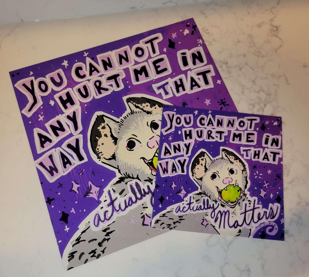 opossum print reproduction; acrylic paint pen on watercolor paper; printed in-house on a modified canon PRO-200