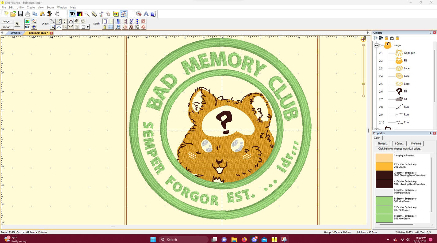 fun fact: the "bad memory club" stickers were orginally meant to be patches! Half finished, in Embrilliance
