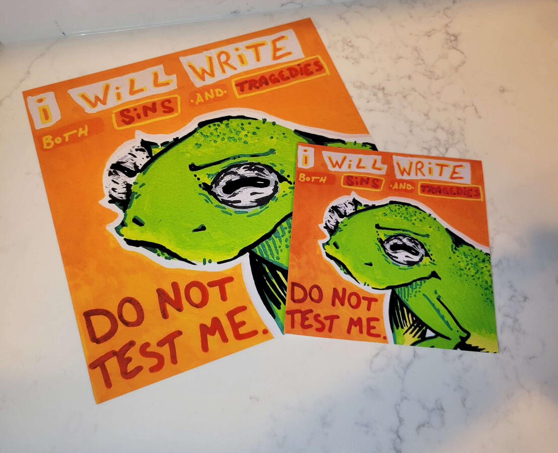 Frog print reproduction; acrylic paint pen on watercolor paper; printed in-house on a modified canon PRO-200