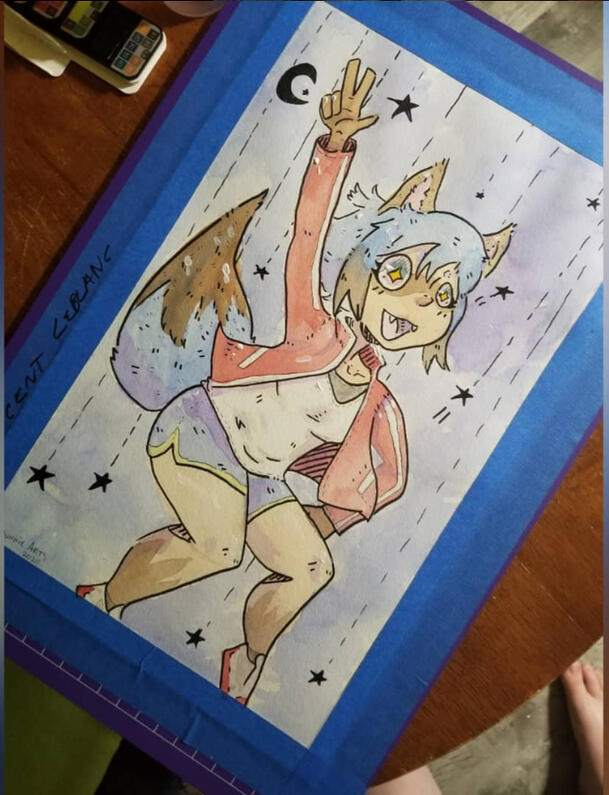 A watercolor/mixed media BNA print before it came off the stretch board